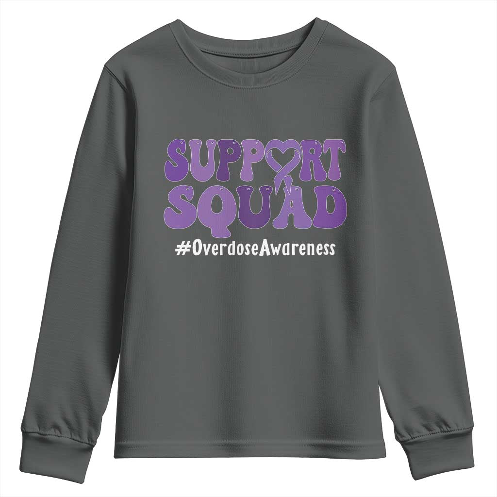 Support Squad Overdose Awareness Youth Sweatshirt Purple Ribbon Groovy Typography Graphic TS10 Dark Heather Print Your Wear