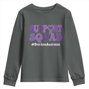 Support Squad Overdose Awareness Youth Sweatshirt Purple Ribbon Groovy Typography Graphic TS10 Dark Heather Print Your Wear