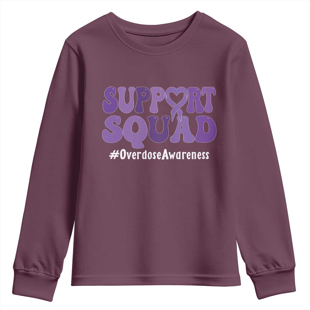 Support Squad Overdose Awareness Youth Sweatshirt Purple Ribbon Groovy Typography Graphic TS10 Maroon Print Your Wear
