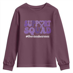 Support Squad Overdose Awareness Youth Sweatshirt Purple Ribbon Groovy Typography Graphic TS10 Maroon Print Your Wear