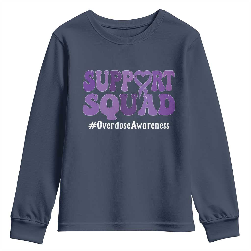 Support Squad Overdose Awareness Youth Sweatshirt Purple Ribbon Groovy Typography Graphic TS10 Navy Print Your Wear