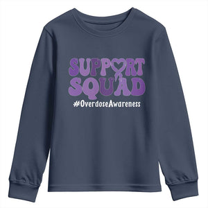 Support Squad Overdose Awareness Youth Sweatshirt Purple Ribbon Groovy Typography Graphic TS10 Navy Print Your Wear