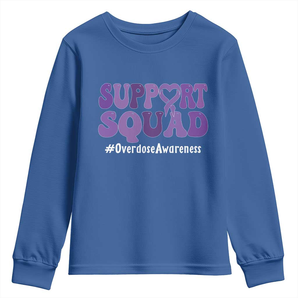 Support Squad Overdose Awareness Youth Sweatshirt Purple Ribbon Groovy Typography Graphic TS10 Royal Blue Print Your Wear
