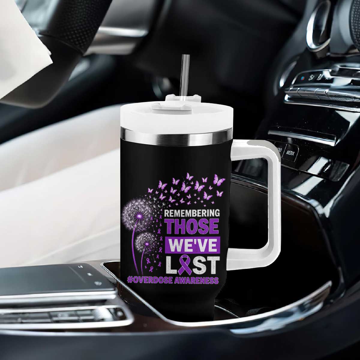 Overdose Awareness Tumbler With Handle Remembering Those We Have Lost Dandelion Purple Ribbon Memorial TS10 Print Your Wear