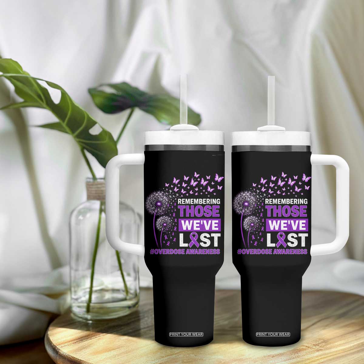 Overdose Awareness Tumbler With Handle Remembering Those We Have Lost Dandelion Purple Ribbon Memorial TS10 Print Your Wear
