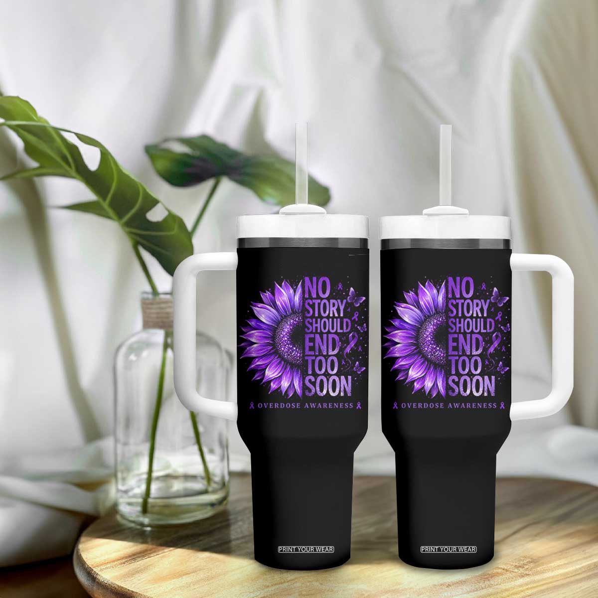 No Story Should End Too Soon Purple Sunflower Overdose Awareness Tumbler With Handle TS10 Print Your Wear