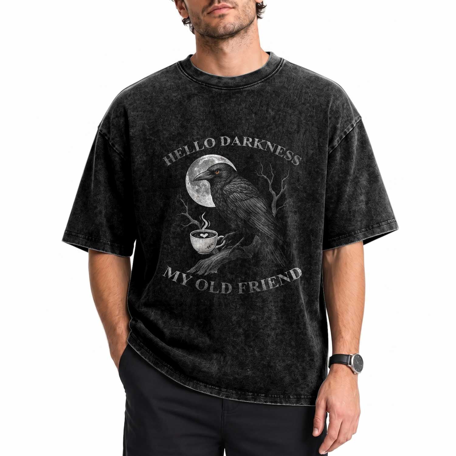 Funny Crow Coffee Washed Cotton T-Shirt Raven Spooky Halloween Hello Darkness My Old Friend TS10 Print Your Wear