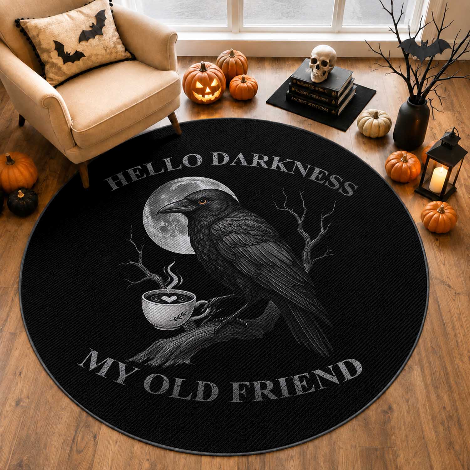 Funny Crow Coffee Round Rug Raven Spooky Halloween Hello Darkness My Old Friend