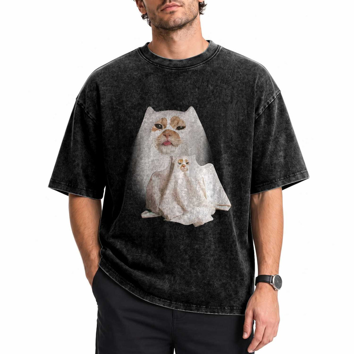 Funny Halloween Ghost Cat Meme Washed Cotton T-Shirt TS10 Print Your Wear