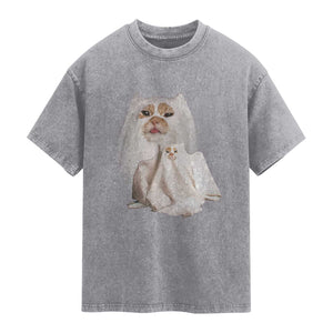 Funny Halloween Ghost Cat Meme Washed Cotton T-Shirt TS10 Slate Gray Print Your Wear