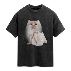 Funny Halloween Ghost Cat Meme Washed Cotton T-Shirt TS10 Black Print Your Wear