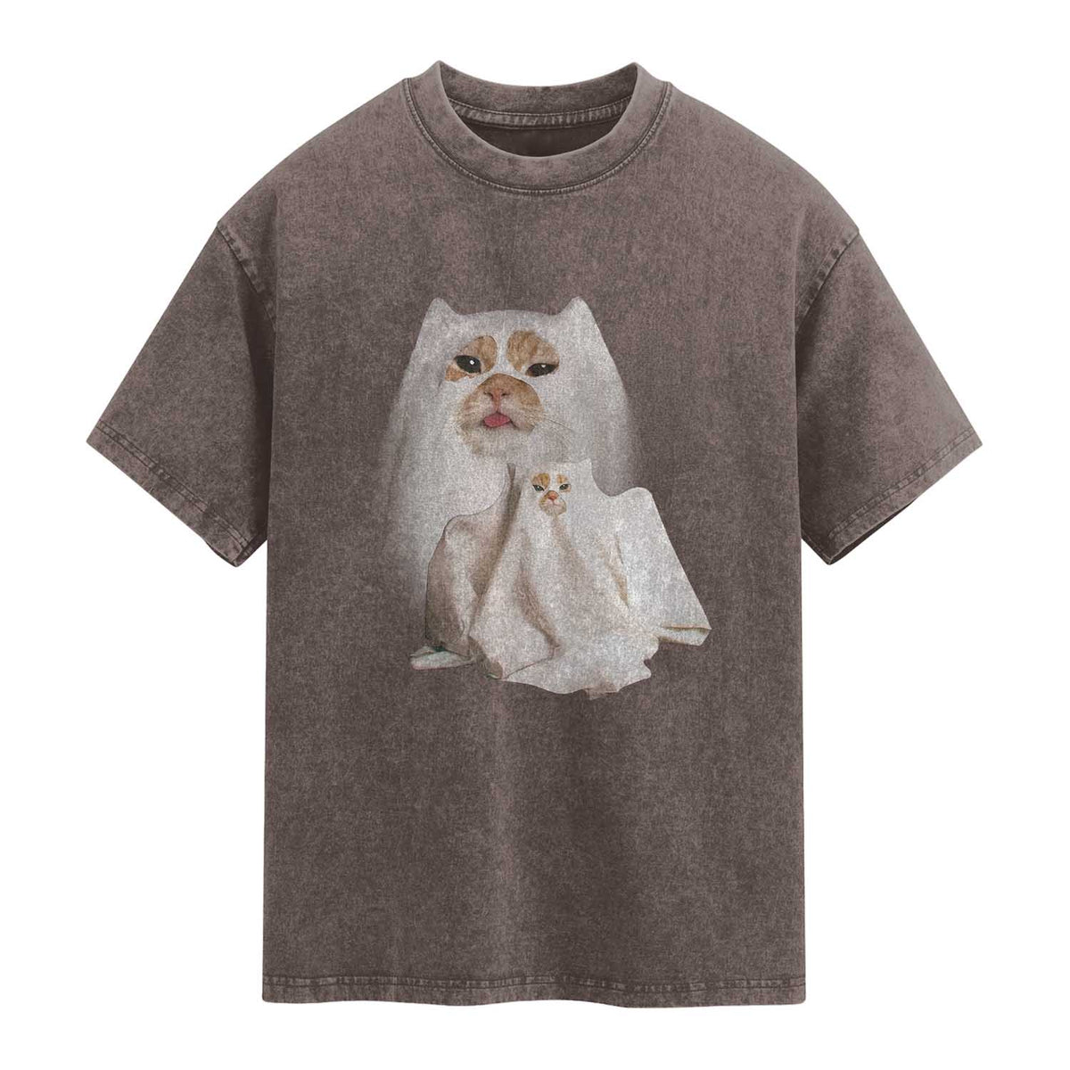 Funny Halloween Ghost Cat Meme Washed Cotton T-Shirt TS10 Brown Print Your Wear