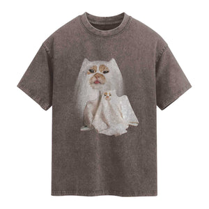 Funny Halloween Ghost Cat Meme Washed Cotton T-Shirt TS10 Brown Print Your Wear