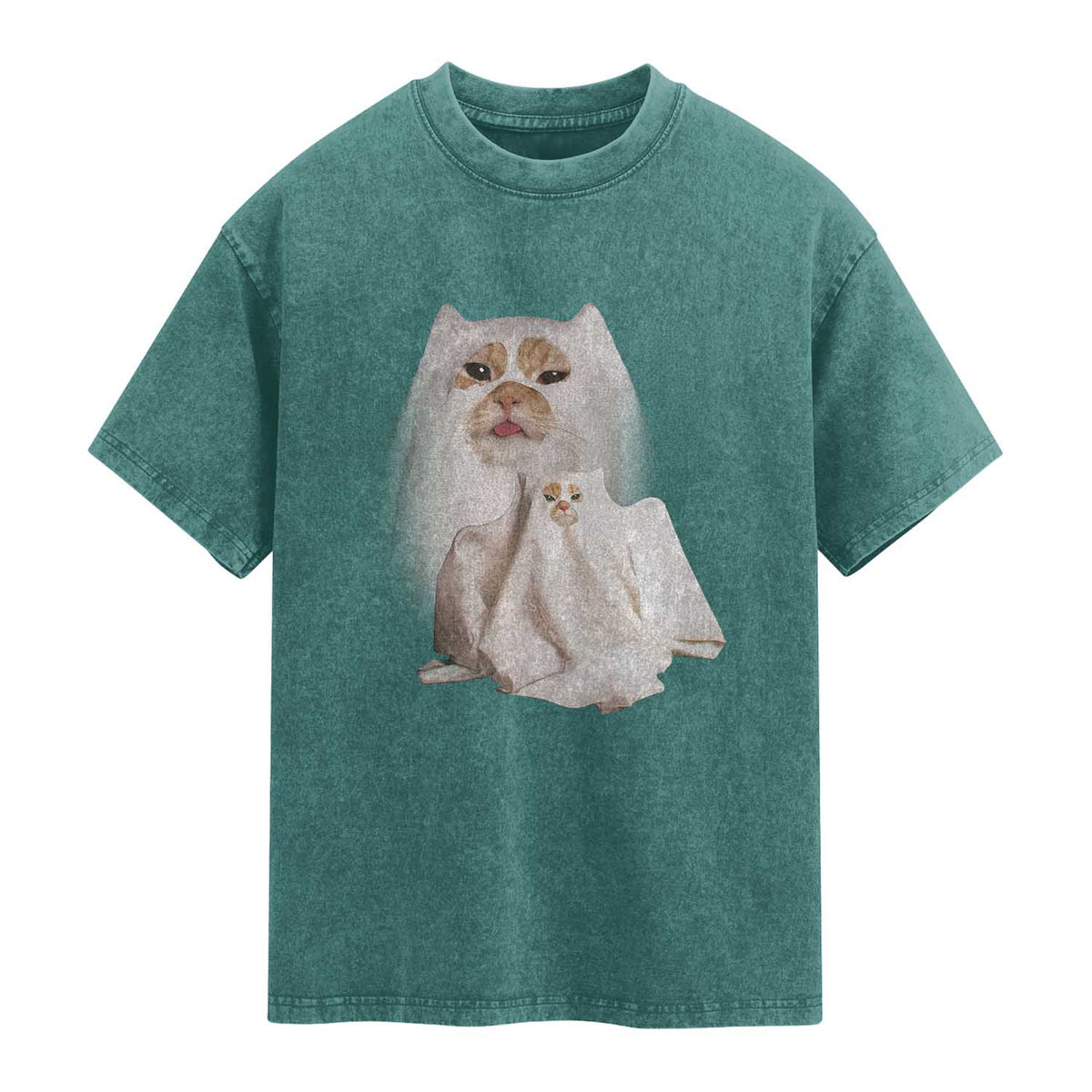Funny Halloween Ghost Cat Meme Washed Cotton T-Shirt TS10 Teal Green Print Your Wear