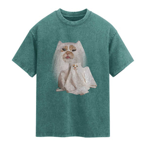 Funny Halloween Ghost Cat Meme Washed Cotton T-Shirt TS10 Teal Green Print Your Wear