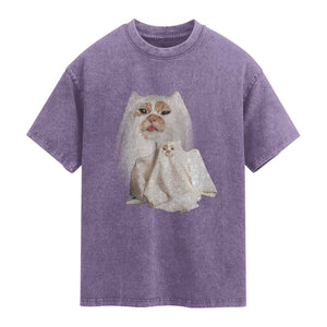 Funny Halloween Ghost Cat Meme Washed Cotton T-Shirt TS10 Purple Print Your Wear