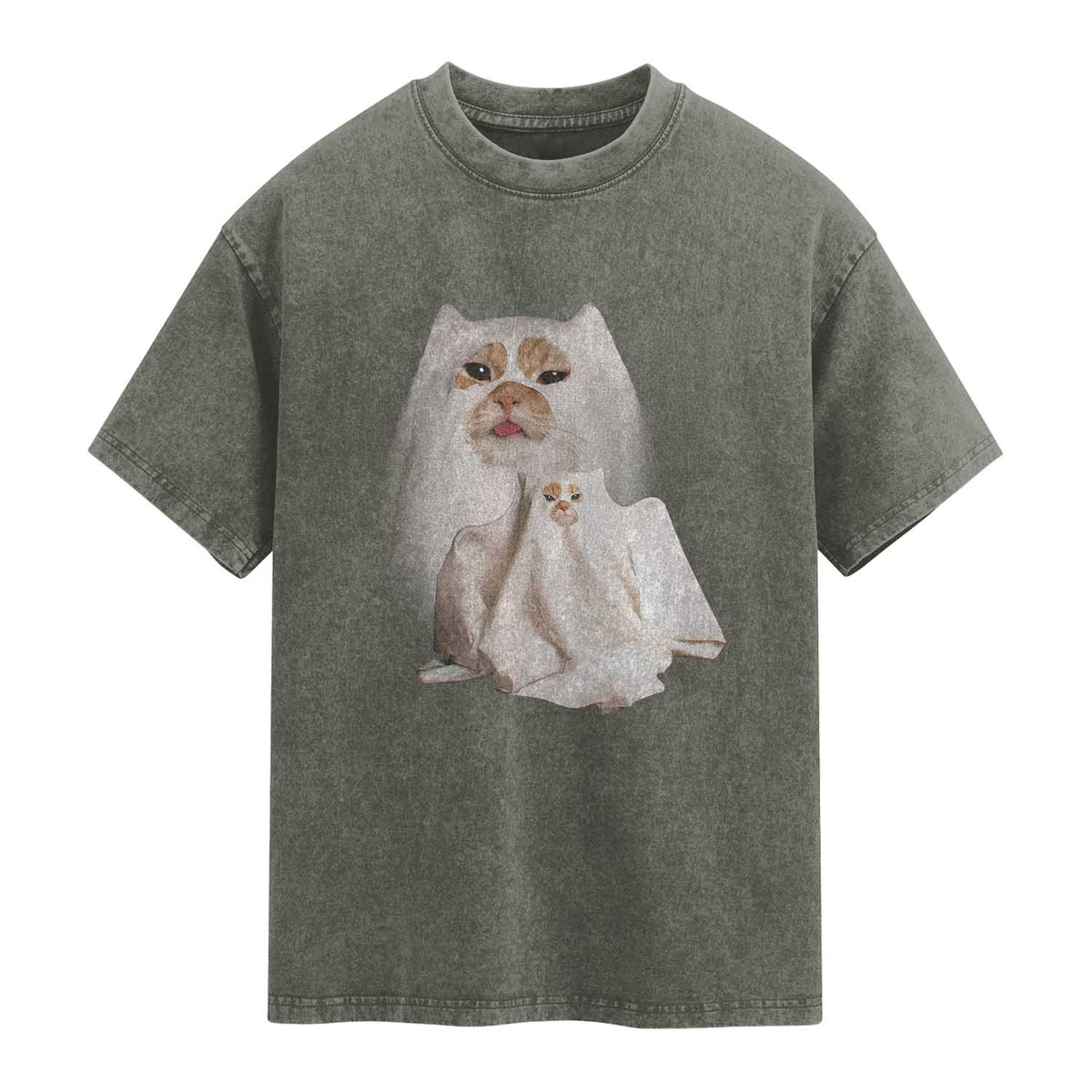 Funny Halloween Ghost Cat Meme Washed Cotton T-Shirt TS10 Olive Green Print Your Wear
