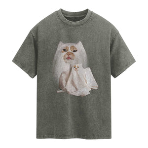 Funny Halloween Ghost Cat Meme Washed Cotton T-Shirt TS10 Olive Green Print Your Wear