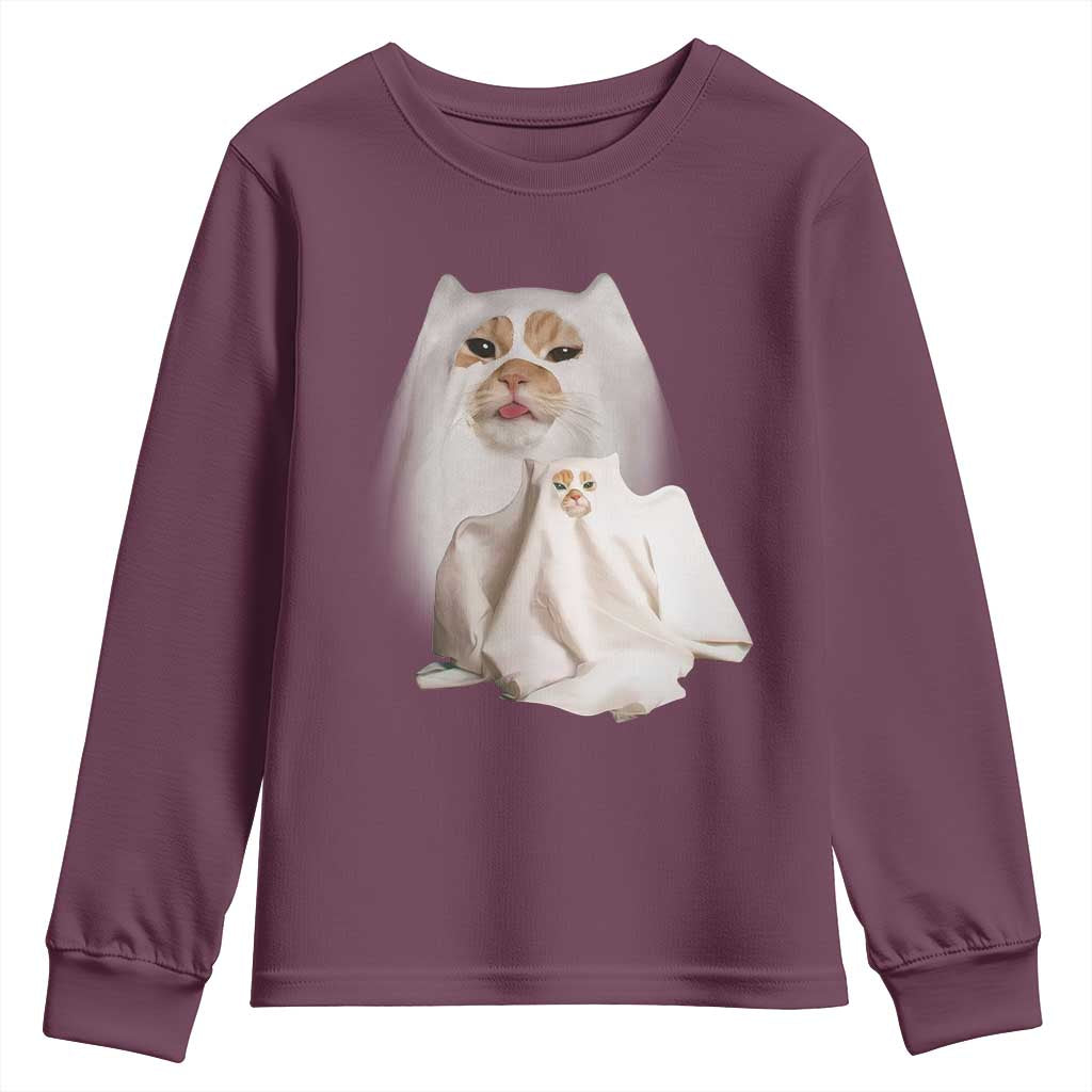 Funny Halloween Ghost Cat Meme Youth Sweatshirt TS10 Maroon Print Your Wear