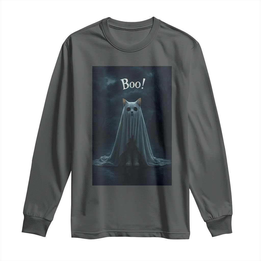 Cat Halloween Long Sleeve Shirt Spooky Season Ghost Kitten Haunted Mansion TS10 Dark Heather Print Your Wear