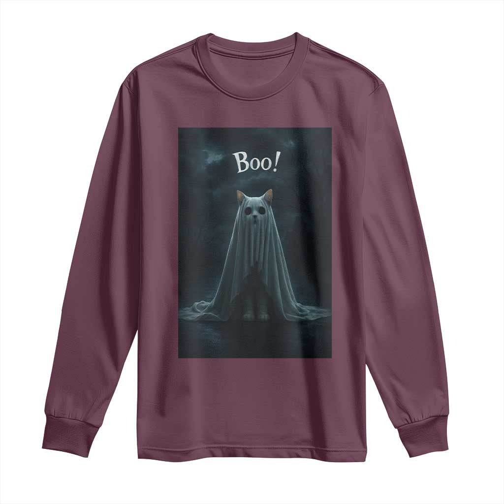Cat Halloween Long Sleeve Shirt Spooky Season Ghost Kitten Haunted Mansion TS10 Maroon Print Your Wear