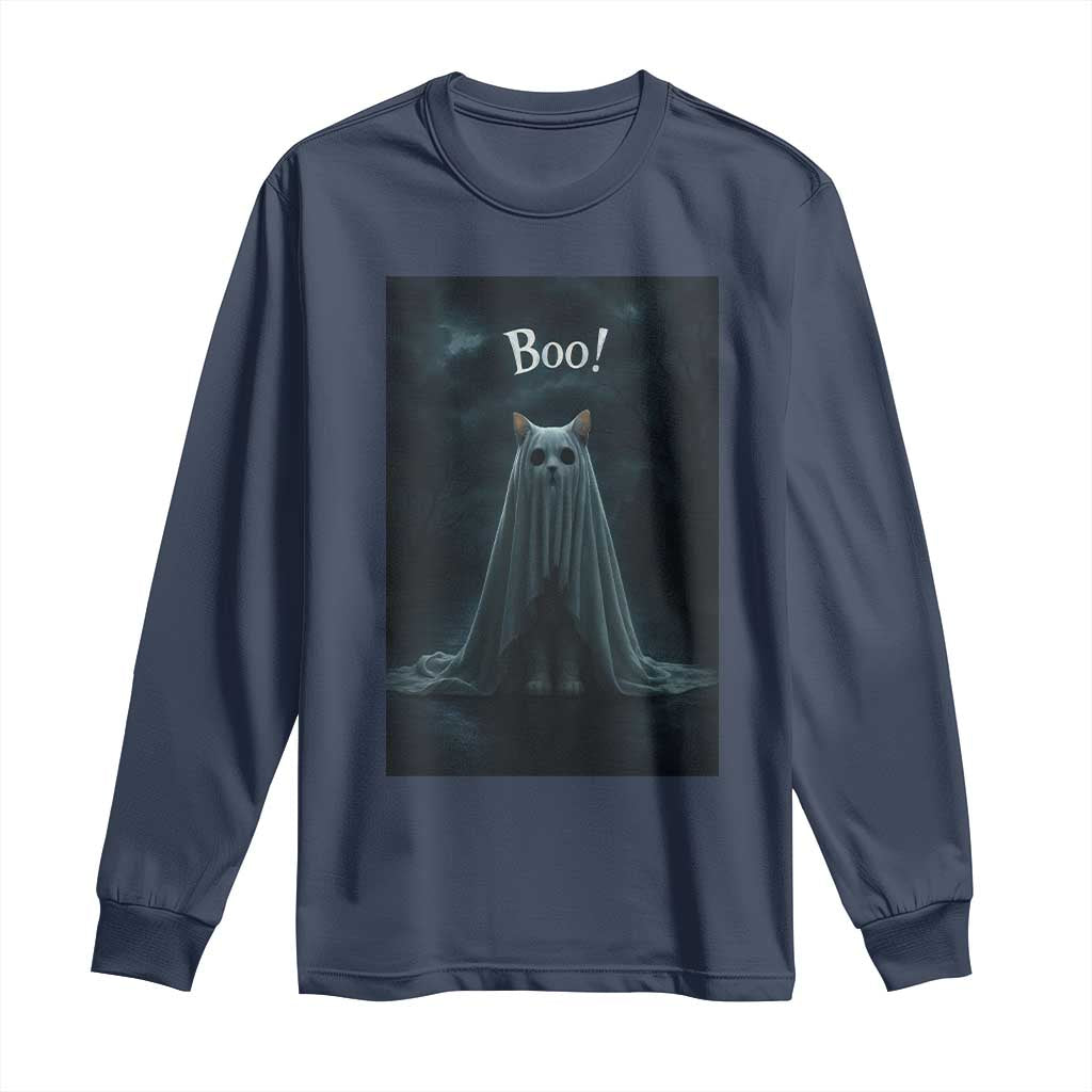 Cat Halloween Long Sleeve Shirt Spooky Season Ghost Kitten Haunted Mansion TS10 Navy Print Your Wear