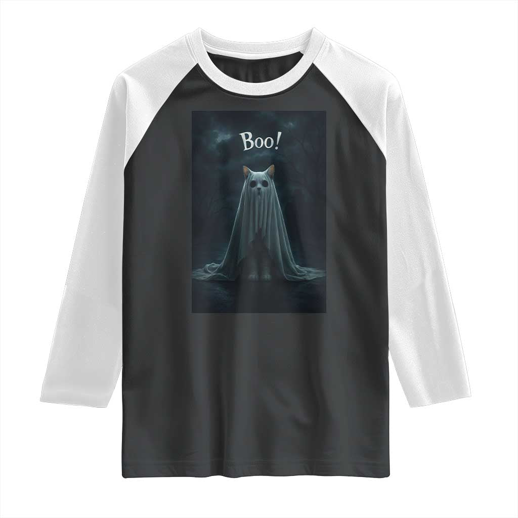 Cat Halloween Raglan Shirt Spooky Season Ghost Kitten Haunted Mansion TS10 Black White Print Your Wear