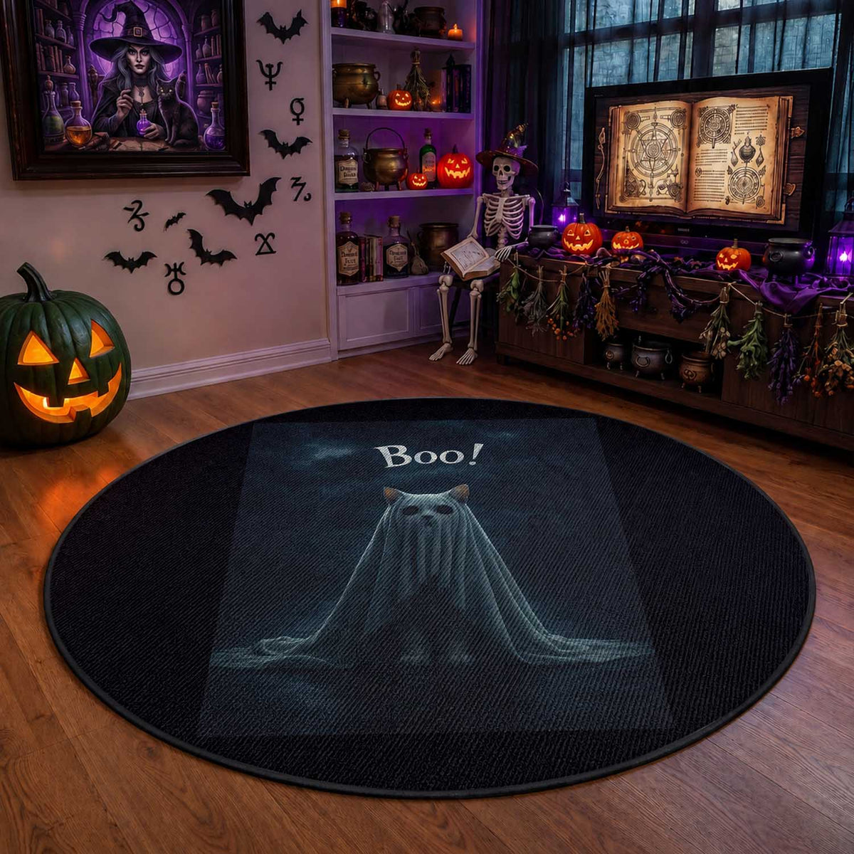 Cat Halloween Round Rug Spooky Season Ghost Kitten Haunted Mansion