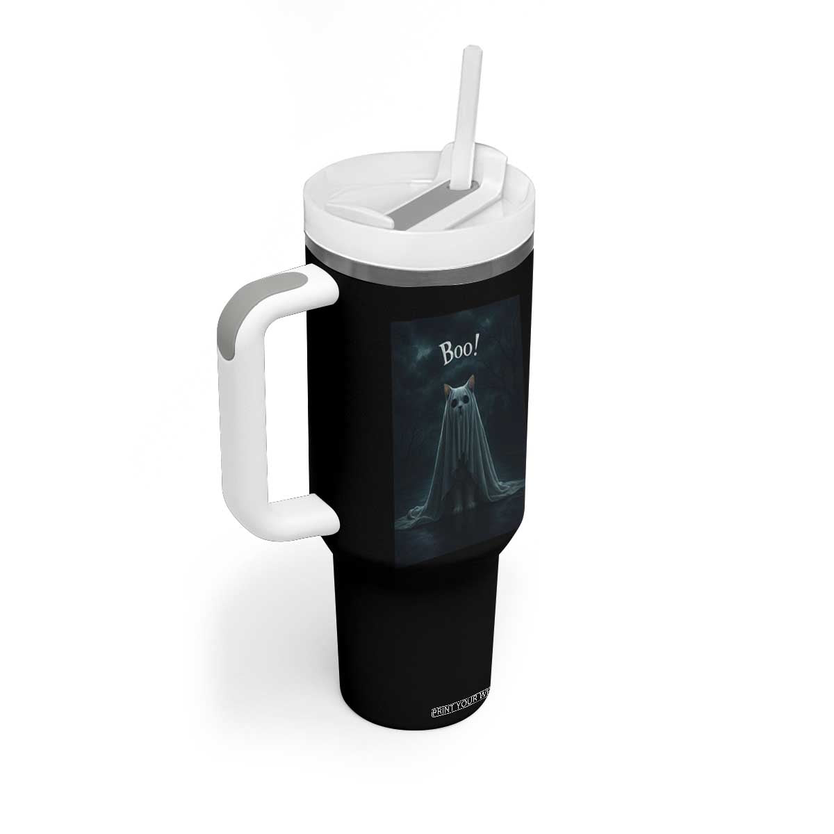 Cat Halloween Tumbler With Handle Spooky Season Ghost Kitten Haunted Mansion TS10 Print Your Wear