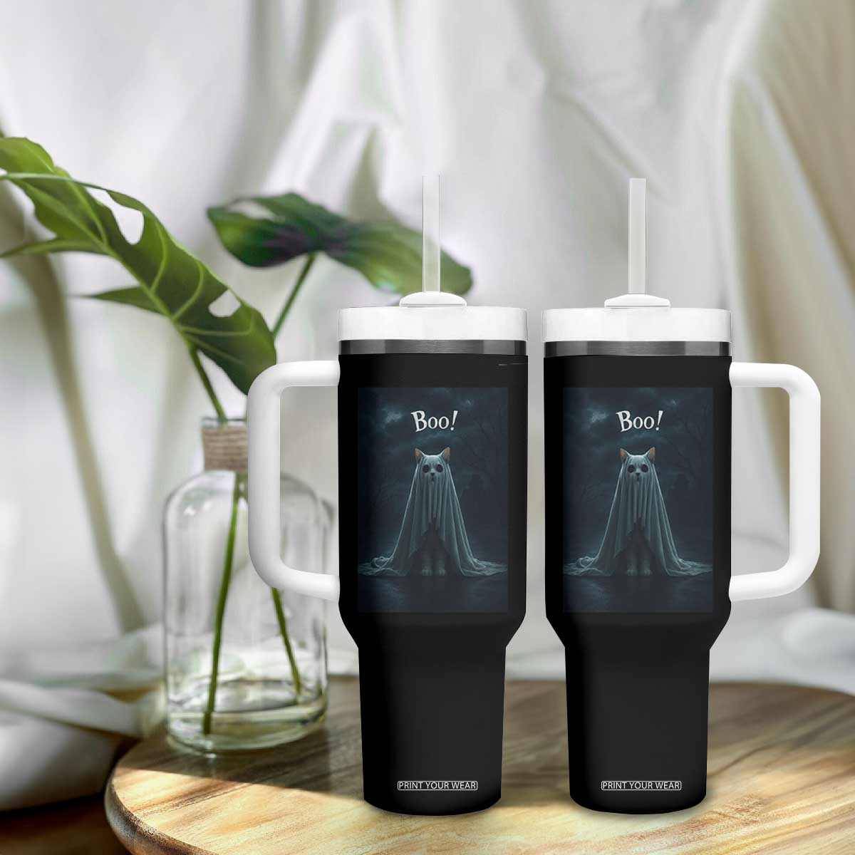 Cat Halloween Tumbler With Handle Spooky Season Ghost Kitten Haunted Mansion TS10 Print Your Wear