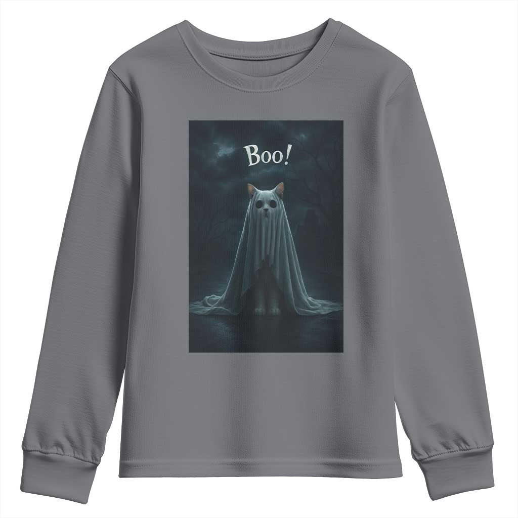 Cat Halloween Youth Sweatshirt Spooky Season Ghost Kitten Haunted Mansion TS10 Charcoal Print Your Wear