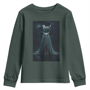 Cat Halloween Youth Sweatshirt Spooky Season Ghost Kitten Haunted Mansion TS10 Dark Forest Green Print Your Wear