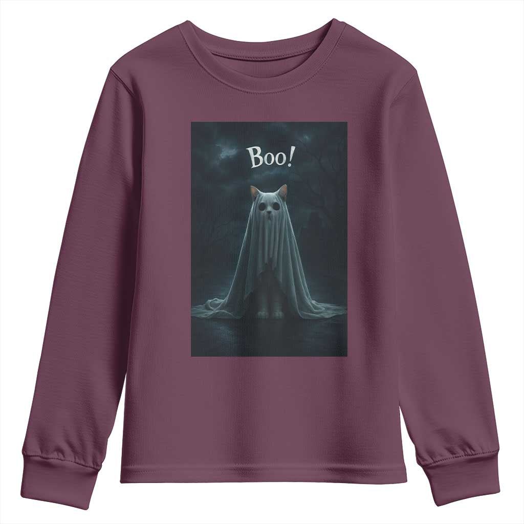 Cat Halloween Youth Sweatshirt Spooky Season Ghost Kitten Haunted Mansion TS10 Maroon Print Your Wear
