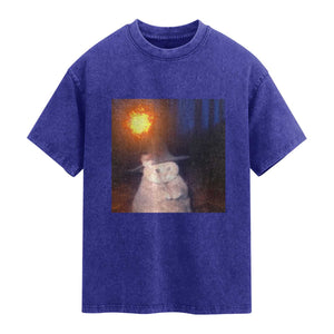 Wizard Cat Washed Cotton T-Shirt Weird Funny Retro Halloween Orange Cat Meme TS10 Indigo Blue Print Your Wear