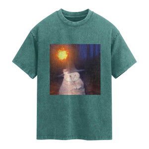 Wizard Cat Washed Cotton T-Shirt Weird Funny Retro Halloween Orange Cat Meme TS10 Teal Green Print Your Wear