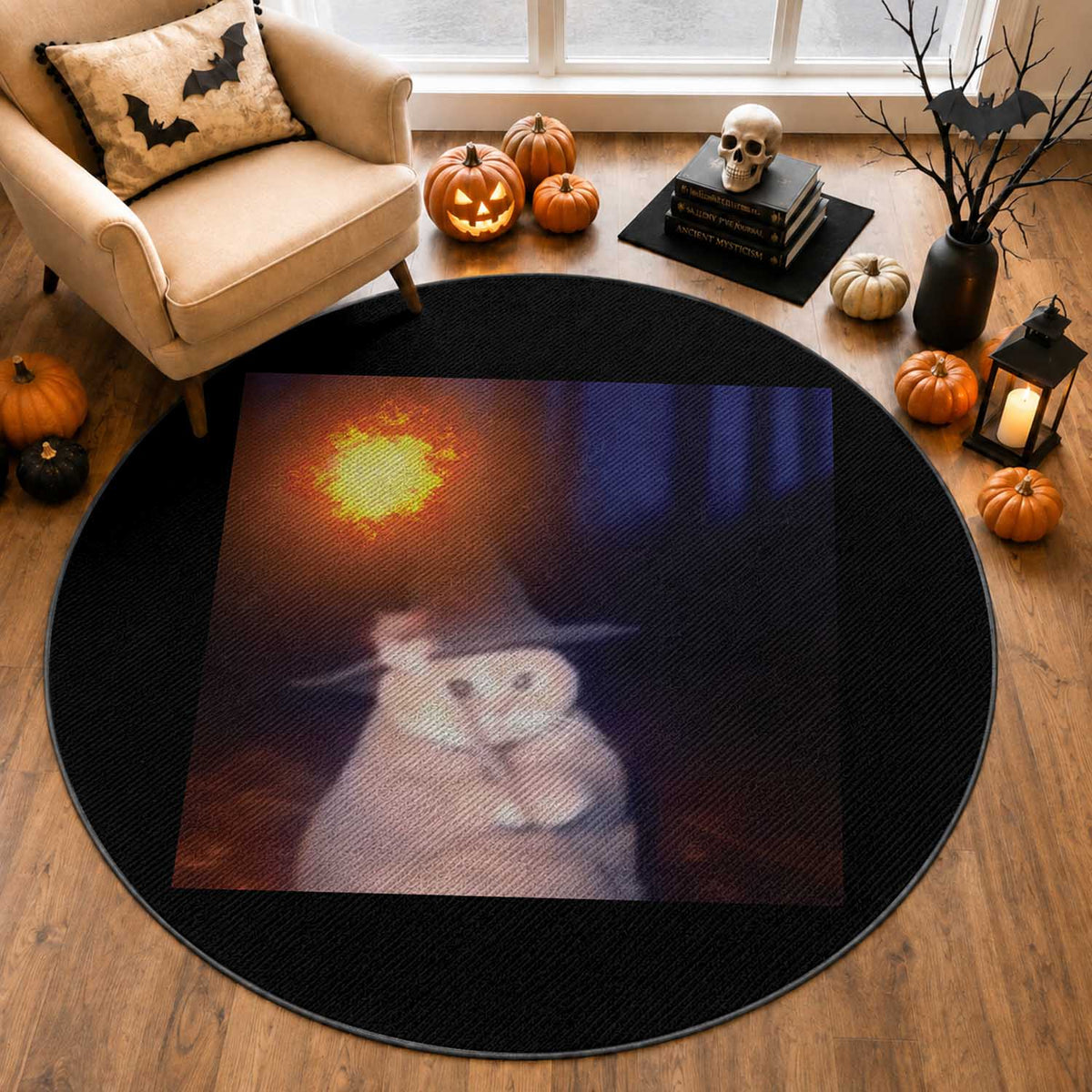 Wizard Cat Round Rug Weird Funny Retro Halloween Orange Cat Meme