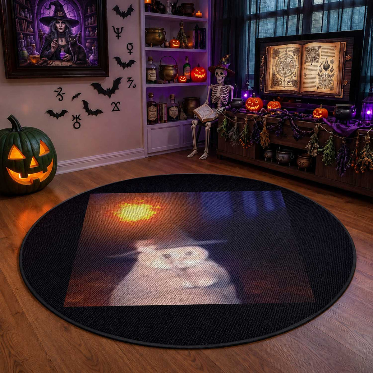 Wizard Cat Round Rug Weird Funny Retro Halloween Orange Cat Meme