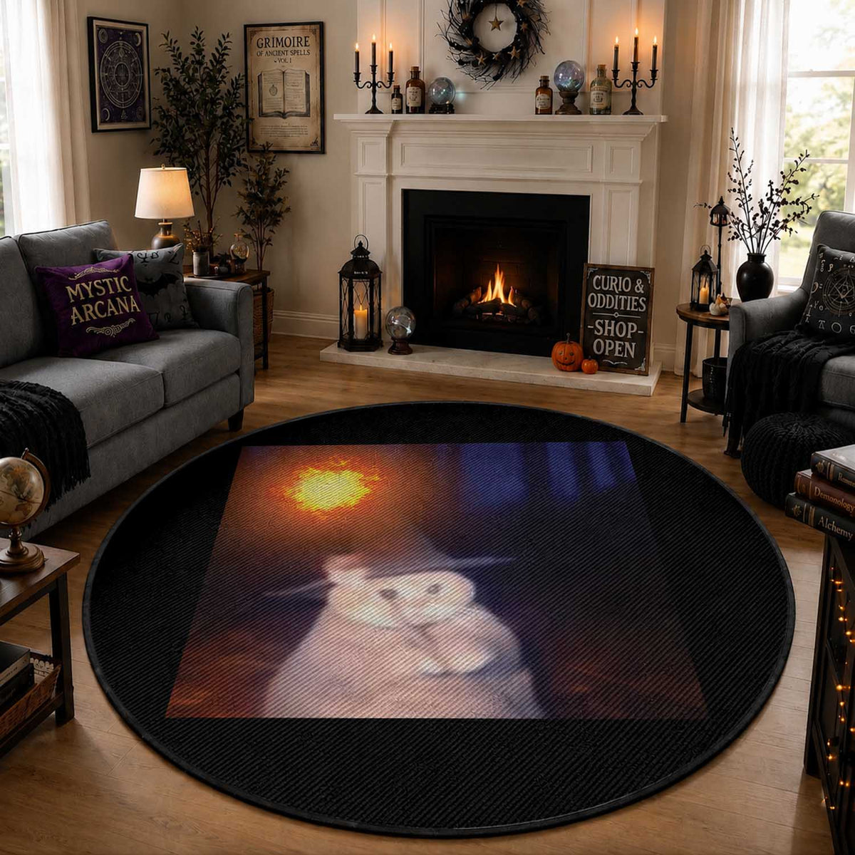 Wizard Cat Round Rug Weird Funny Retro Halloween Orange Cat Meme