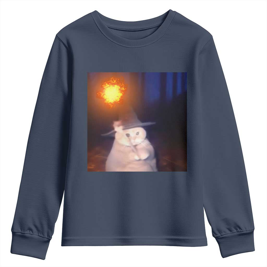 Wizard Cat Youth Sweatshirt Weird Funny Retro Halloween Orange Cat Meme TS10 Navy Print Your Wear