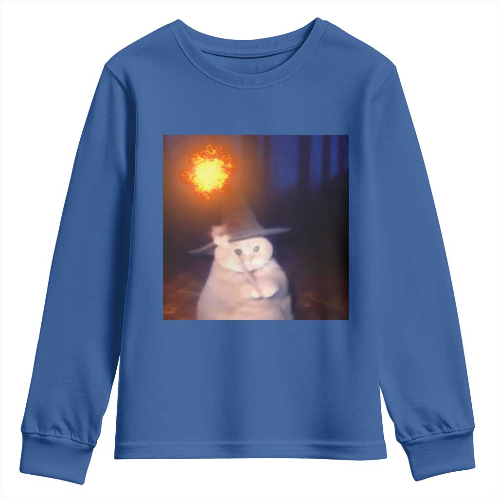 Wizard Cat Youth Sweatshirt Weird Funny Retro Halloween Orange Cat Meme TS10 Royal Blue Print Your Wear