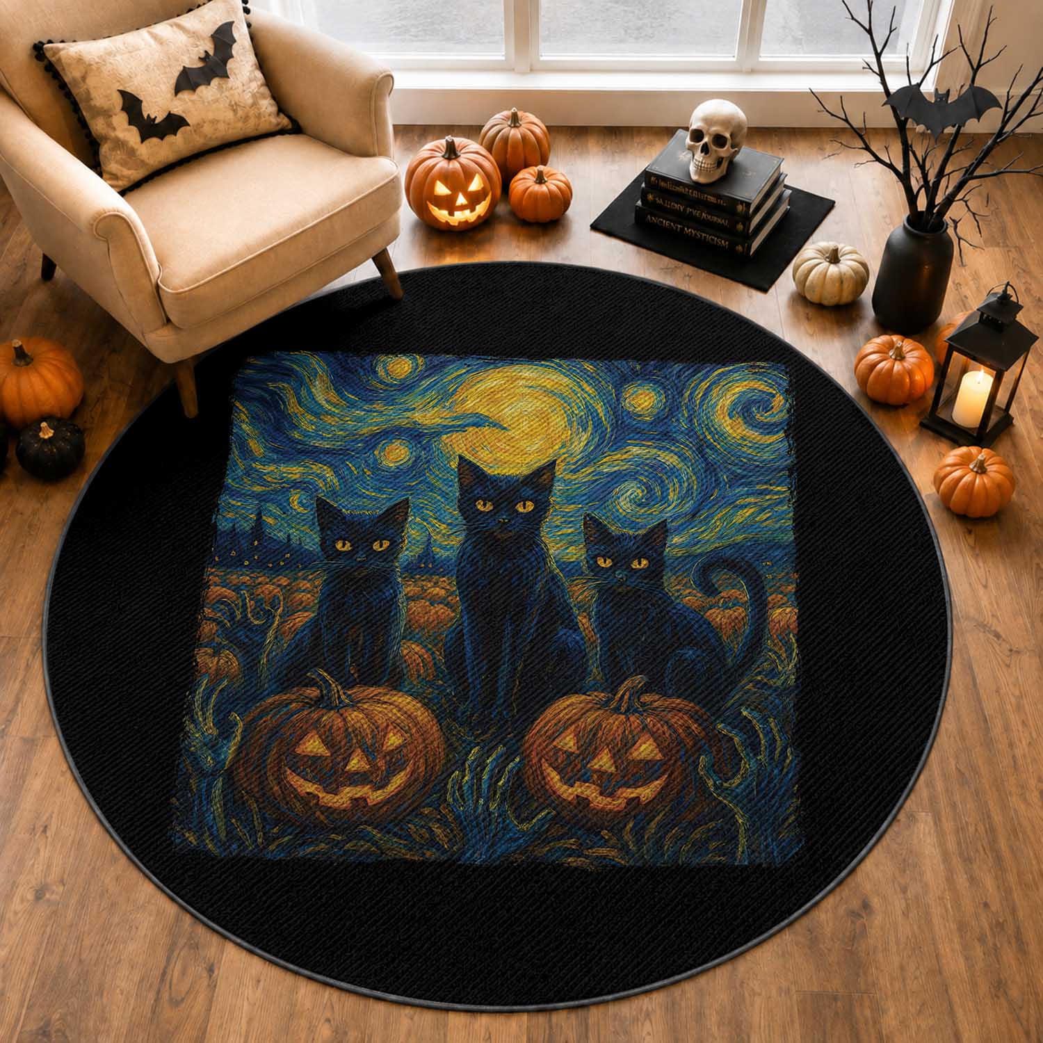 Cat Starry Night Round Rug Funny Cat Lover Gifts Halloween Van Gogh