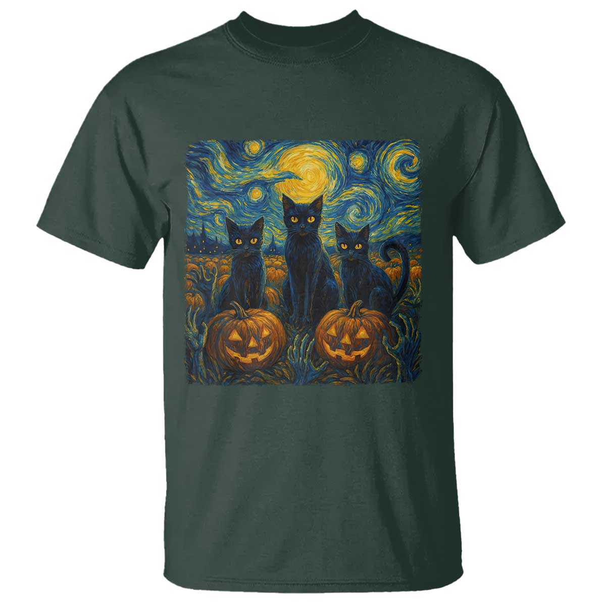 Cat Starry Night T Shirt Funny Cat Lover Gifts Halloween Van Gogh TS10 Dark Forest Green Print Your Wear
