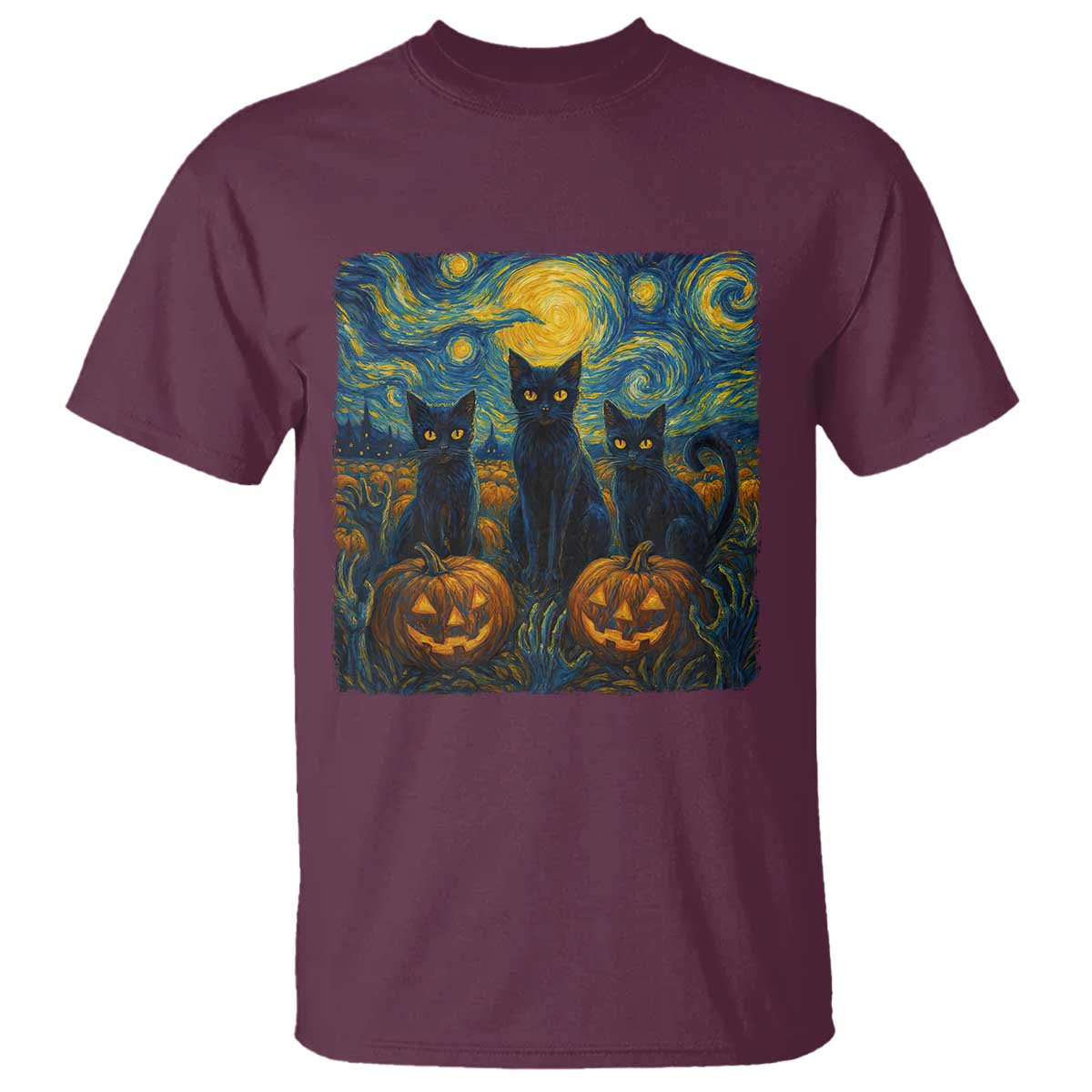 Cat Starry Night T Shirt Funny Cat Lover Gifts Halloween Van Gogh TS10 Maroon Print Your Wear
