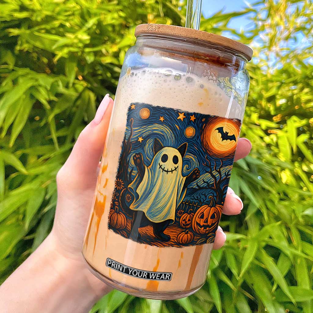 Funny Halloween Ghost Cat Glass Can Starry Night Van Gogh Cat Lover Gifts TS10 Black Print Your Wear