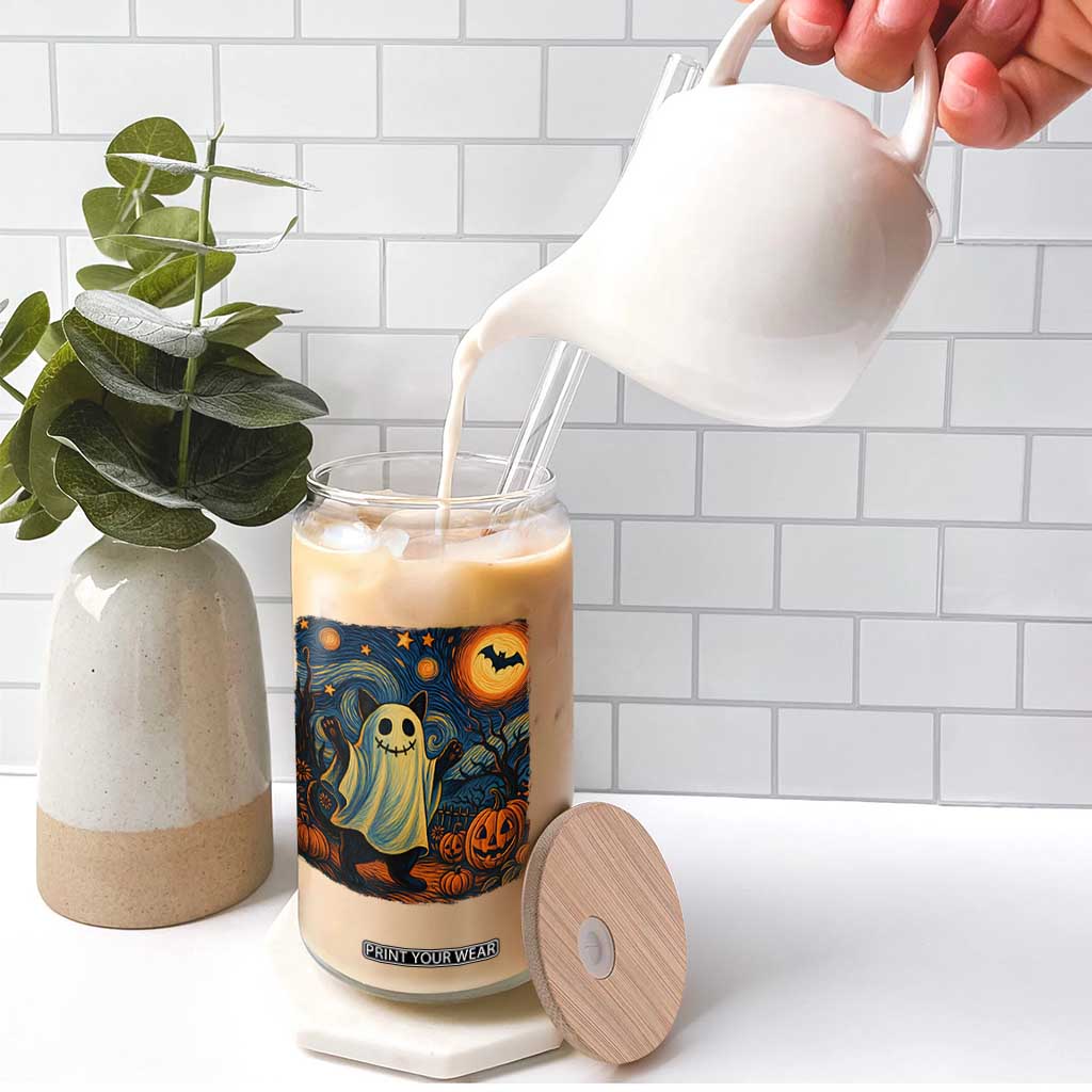 Funny Halloween Ghost Cat Glass Can Starry Night Van Gogh Cat Lover Gifts TS10 Print Your Wear
