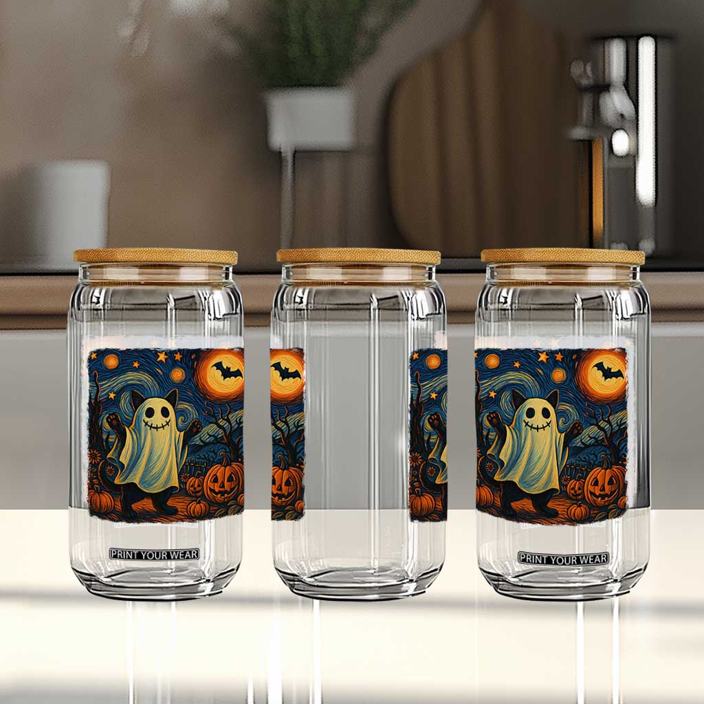 Funny Halloween Ghost Cat Glass Can Starry Night Van Gogh Cat Lover Gifts TS10 Print Your Wear