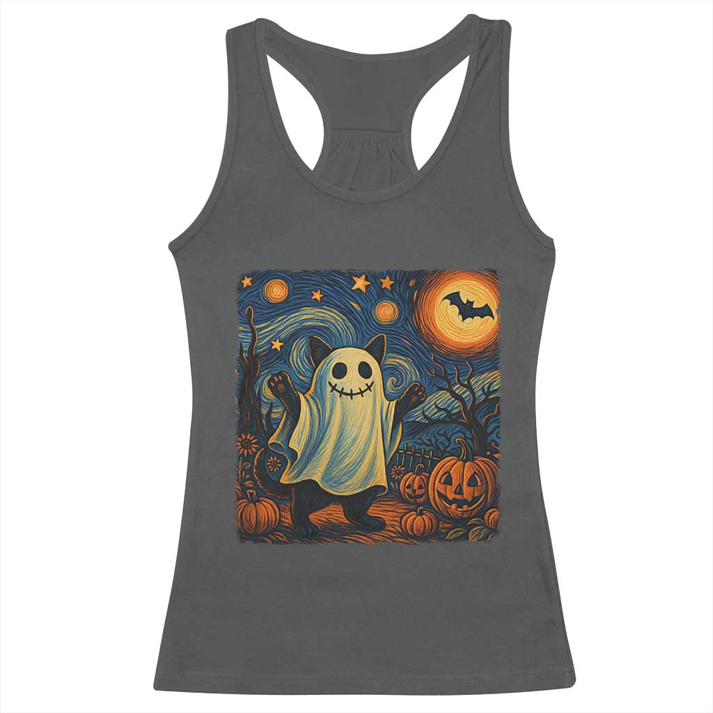 Funny Halloween Ghost Cat Racerback Tank Top Starry Night Van Gogh Cat Lover Gifts TS10 Dark Heather Print Your Wear