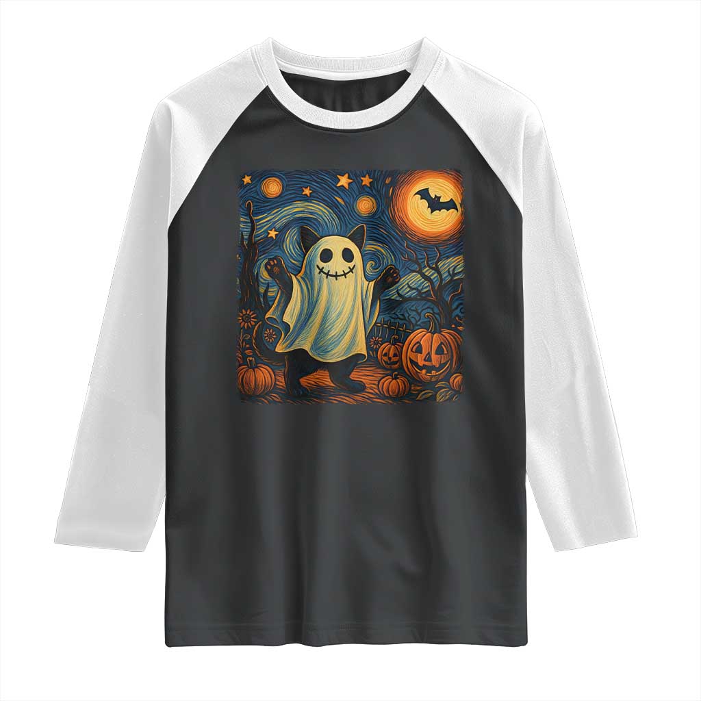 Funny Halloween Ghost Cat Raglan Shirt Starry Night Van Gogh Cat Lover Gifts TS10 Black White Print Your Wear