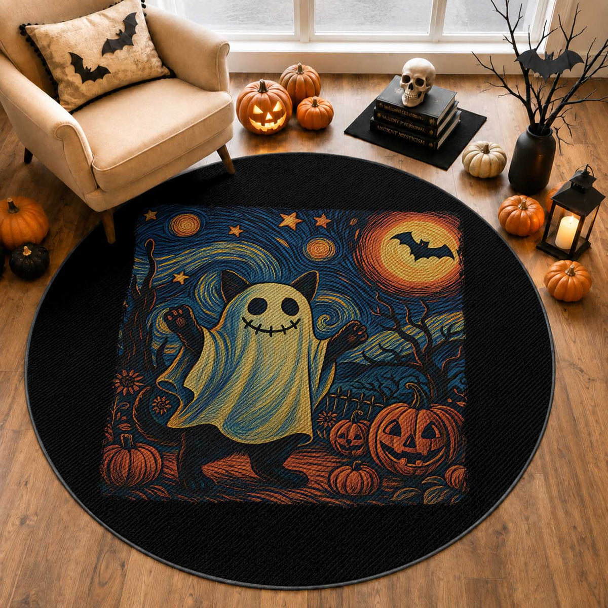 Funny Halloween Ghost Cat Round Rug Starry Night Van Gogh Cat Lover Gifts