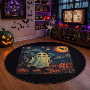 Funny Halloween Ghost Cat Round Rug Starry Night Van Gogh Cat Lover Gifts